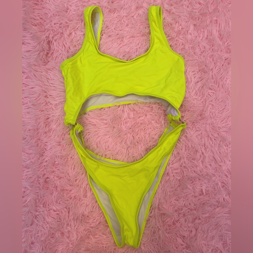 Neon Yellow-Green, One-Piece, Cut-Out, Festival Bodysuit or Swimsuit | M/L